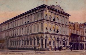 This postcard was postmarked in 1908. This building appeared on a .50 paper currency bill issued by the Bank of Columbus in 1862. http://postcardman.org/Columbus/businesses.htm